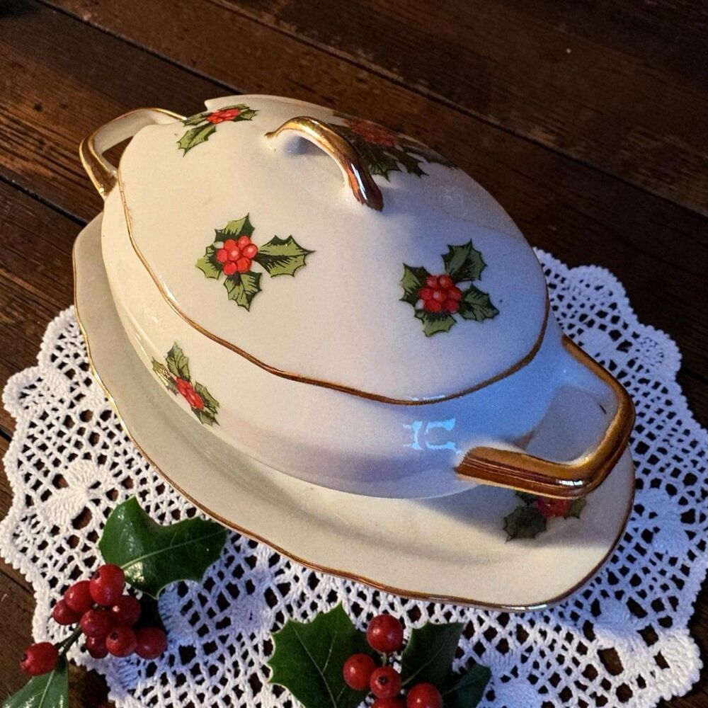 Lefton Holly Berry Jam Sugar Bowl With Attached Underplate And Lid 1960s